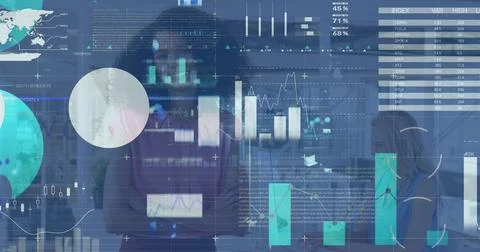 Image of data processing over smiling african american businesswoman Stock Photos