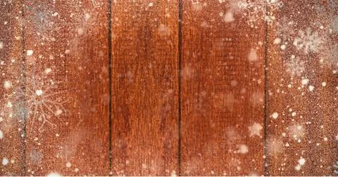 Image of data processing over snowflakes on wooden background Foto stock