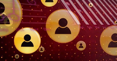 Image of data processing over social media icons on red background Stock Photos