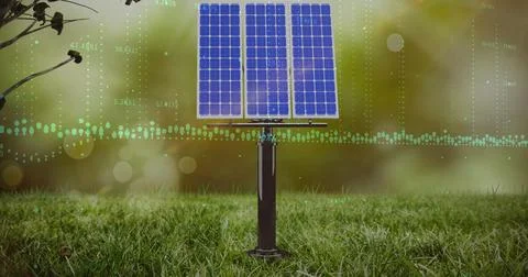 Image of data processing over solar panel on grass against spots of light Stock Illustration