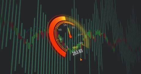 Image of data processing over speedometer Illustrazione stock