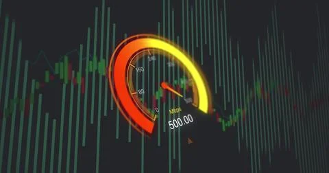 Image of data processing over speedometer Illustrazione stock