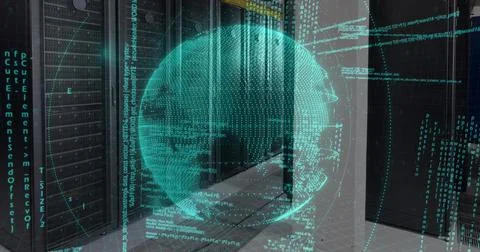Image of data processing over spinning globe against computer server room Stock Illustration
