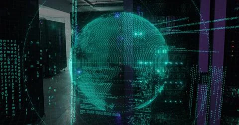 Image of data processing over spinning globe against computer server room Stock Illustration