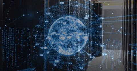 Image of data processing over spinning globe against computer server room Stock Illustration