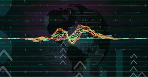 Image of data processing over spinning globe against black background Stock Photos