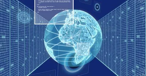 Image of data processing over spinning globe against computer servers in 写真素材