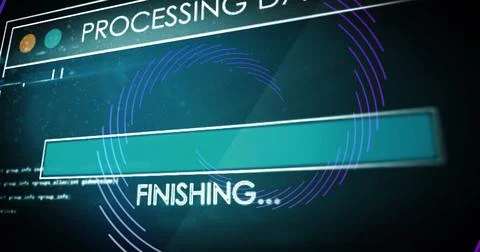 Image of data processing over spinning lines on black background Stock Photos