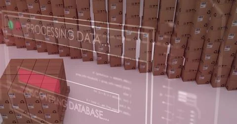 Image of data processing over stack of cardboard boxes Stock Illustration