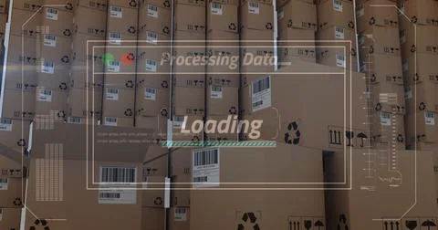 Image of data processing over stack of cardboard boxes Stockfoto's