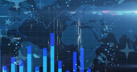 Image of data processing over stars and world map on black background Stock Illustration