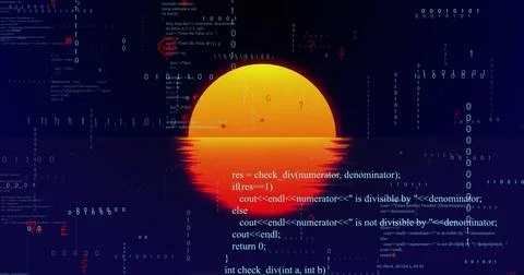 Image of data processing over sun on black background Illustrazione stock