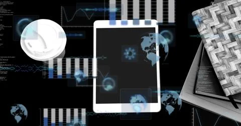 Image of data processing over tablet and black background Illustrazione stock