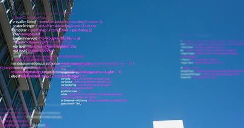 Image of data processing over tall buildings against blue sky Stockillustratie