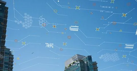 Image of data processing over tall buildings against blue sky Stock Illustration