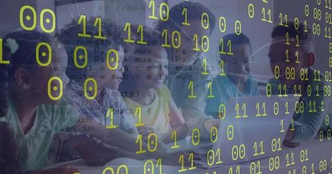 Image of data processing over teacher with diverse schoolchildren Foto stock