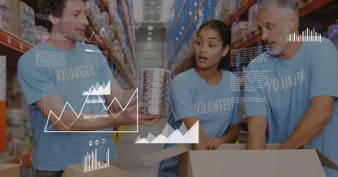 Image of data processing over team of diverse volunteers opening donation boxes Stock Photos