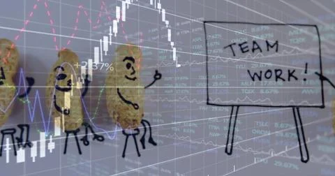 Image of data processing over teamwork text and peanuts Stock Photos