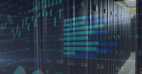 Image of data processing over tech room with computer servers Stock Illustration