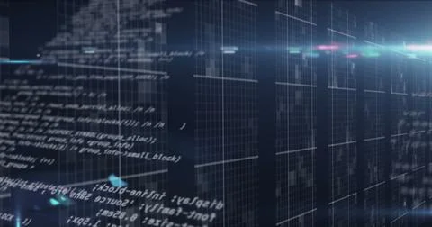 Image of data processing over tech room with computer servers Stock Illustration