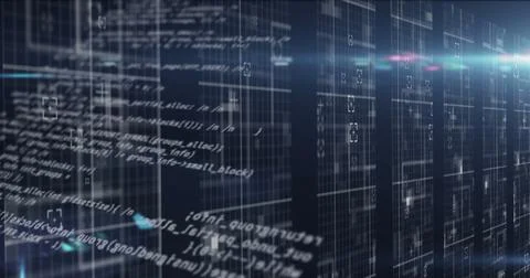 Image of data processing over tech room with computer servers Illustrazione stock