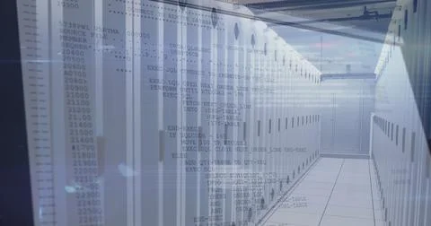 Image of data processing over tech room with computer servers Stock Photos