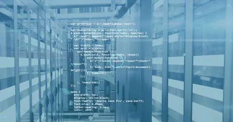 Image of data processing over tech room with computer servers 写真素材