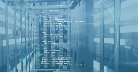 Image of data processing over tech room with computer servers Stock Photos