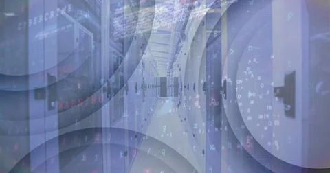 Image of data processing over tech room with computer servers Stock Photos