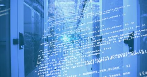 Image of data processing over tech room with computer servers 스톡 사진