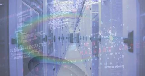 Image of data processing over tech room with computer servers Stock Photos