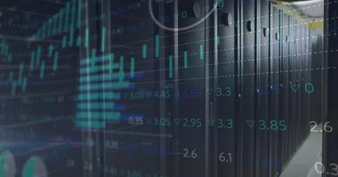 Image of data processing over tech room with computer servers Foto stock