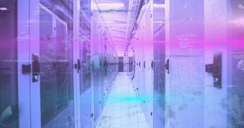 Image of data processing over tech room tech computer servers Stock Photos