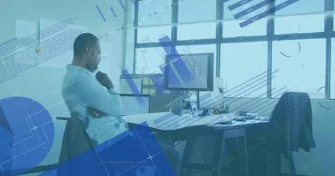 Image of data processing over thoughful african american man working on a p.. Foto stock