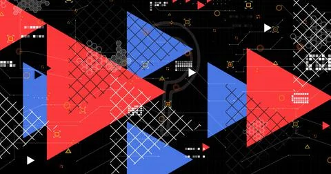 Image of data processing over triangles and question mark on black background Stock Illustration