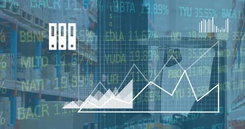 Image of data processing over turret truck in warehouse Foto stock