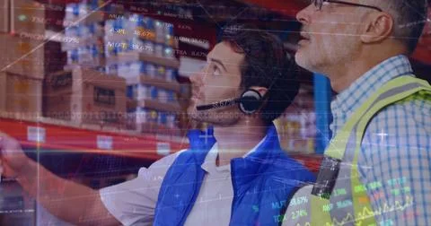 Image of data processing over two men counting stock in warehouse using laptop Stock-Illustration
