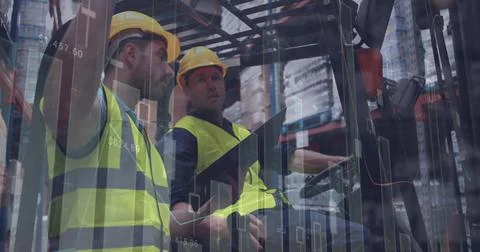 Image of data processing over two caucasian male workers checking stock at .. Stock Photos