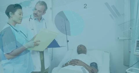 Image of data processing over two diverse doctors with patient Foto stock