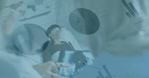 Image of data processing over two diverse doctors with patient 写真素材