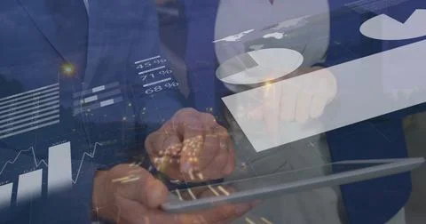 Image of data processing over warehouse workers using tablet in shipping centre 스톡 사진