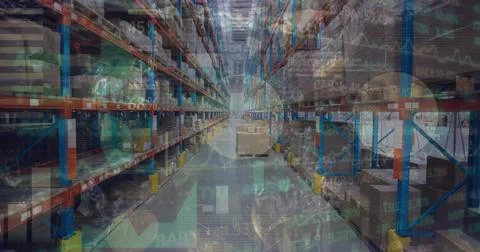 Image of data processing over warehouse Stockfoto's