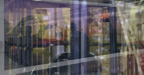 Image of data processing over warehouse and servers Foto stock