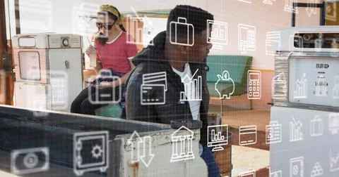 Image of data processing over warehouse Stock Photos