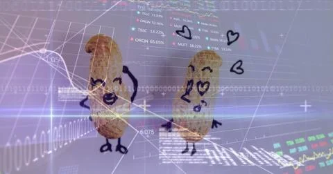 Image of data processing over white background and peanuts Stock Photos