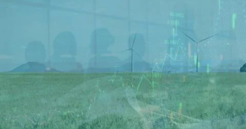 Image of data processing over wind turbine Stock Photos