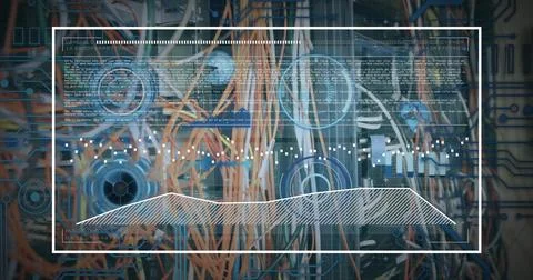 Image of data processing over wires in server room Illustrazione stock