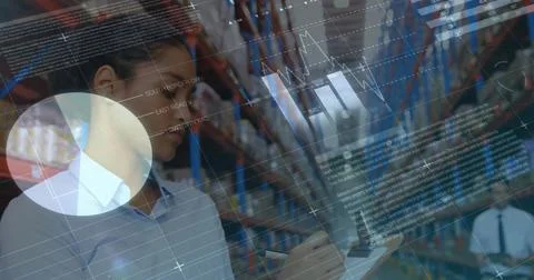 Image of data processing over woman writing on clipboard in warehouse Ilustração Stock