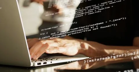 Image of data processing over of woman using laptop and tablet Stock Photos