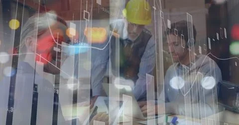 Image of data processing over woman and men using tablet working in warehouse 스톡 사진